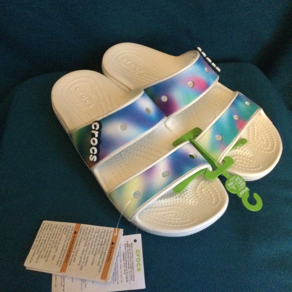 CROCS White Sandals with Iridescent Blue-Green Straps